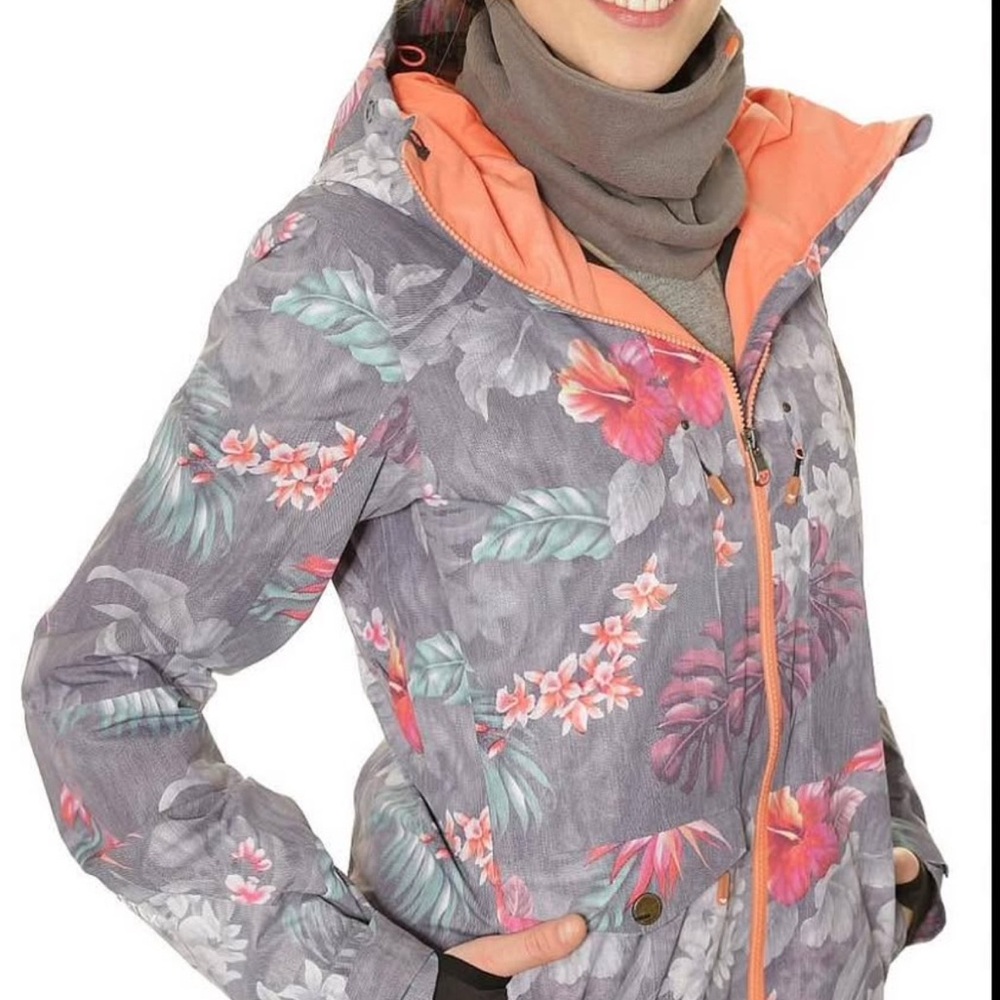 Roxy Gray Floral Ski Jacket with Pink Accents